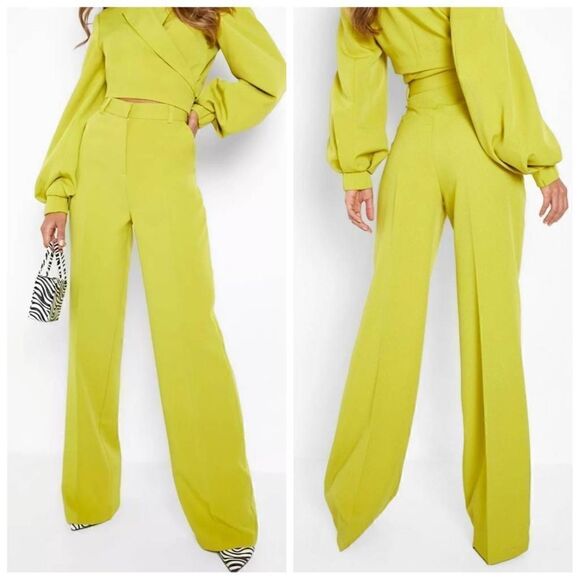 Boohoo Premium Straight Leg Tailored Trousers in Lime Size 6 - Picture 2 of 10